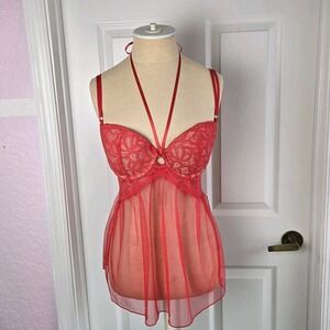 Victoria's Secret Red Push-up Babydoll Top Nightie Size 34D Mesh Lace Lingerie‎
